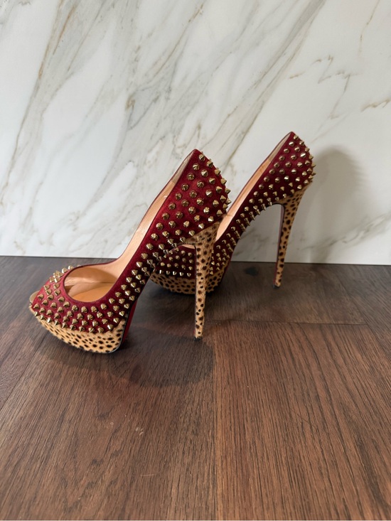 Christian Louboutin Shoes - Christian Louboutin Red Studded Leopard-Trim High Heel Pumps